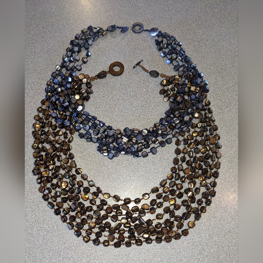 2 Mother of Pearl Multi-Strand Necklaces + Earrings - Blue & Brown Exc.Cond NICE